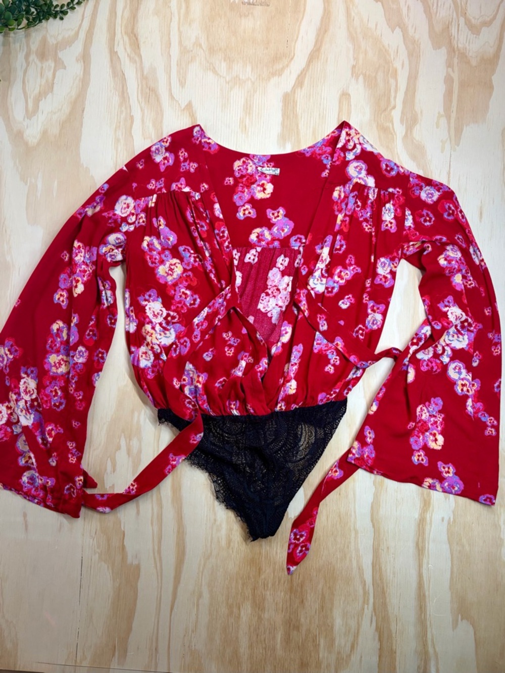 Free People Forties Feels Bodysuit Small Red Floral Sheer Boho Bell Sleeve